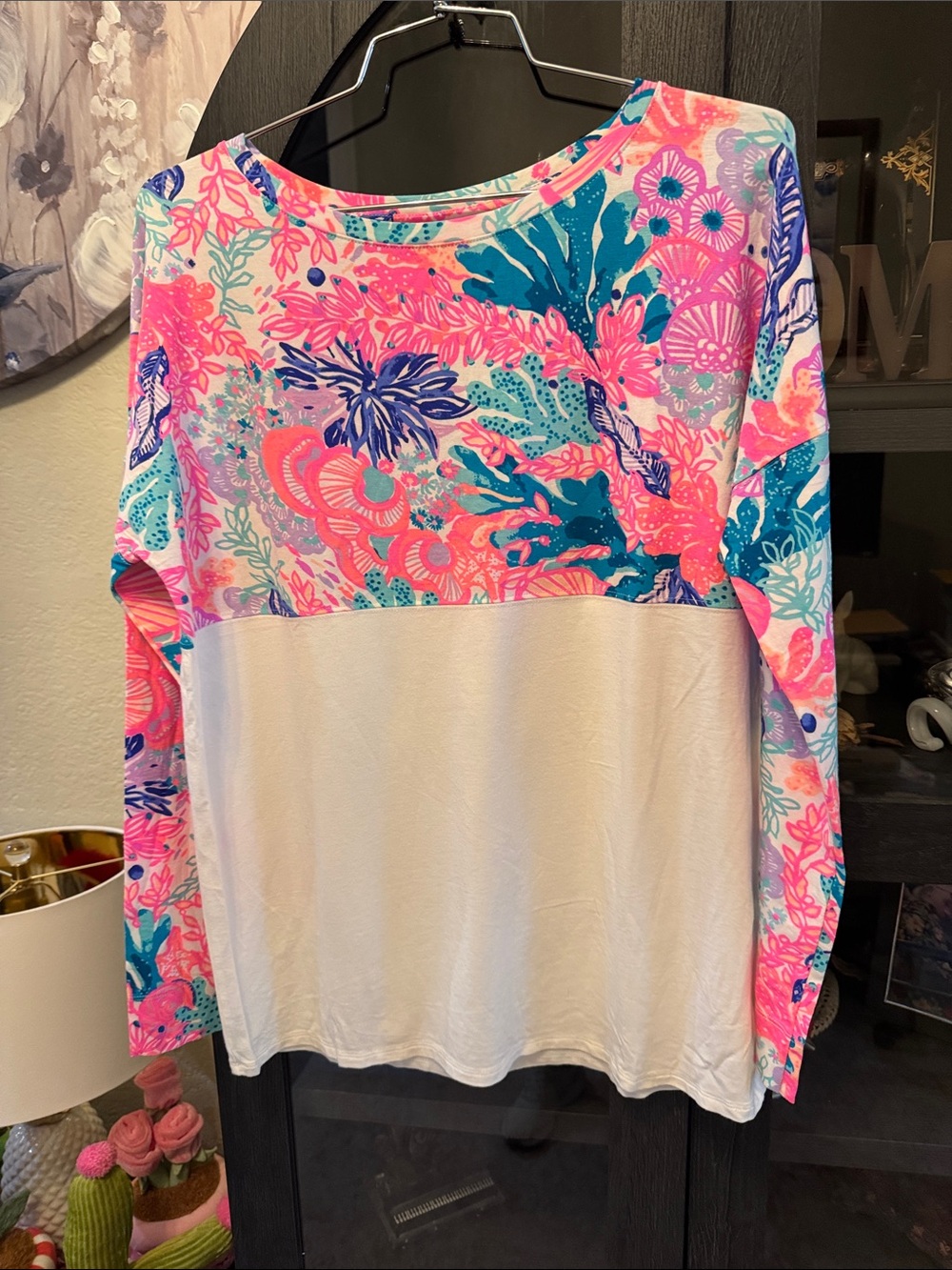 Lilly Pulitzer White Colorblock Long-Sleeve Top with Pink & Blue Floral Yoke